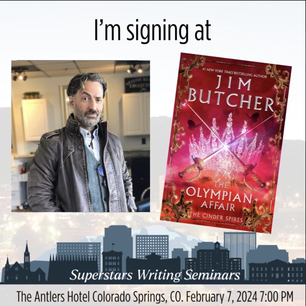 Image of Jim and the cover of The Olympian Affair. Text announces the Superstars Writing Seminars at the Antlers Hotel in Colorado Springs on February 7th at 7pm.